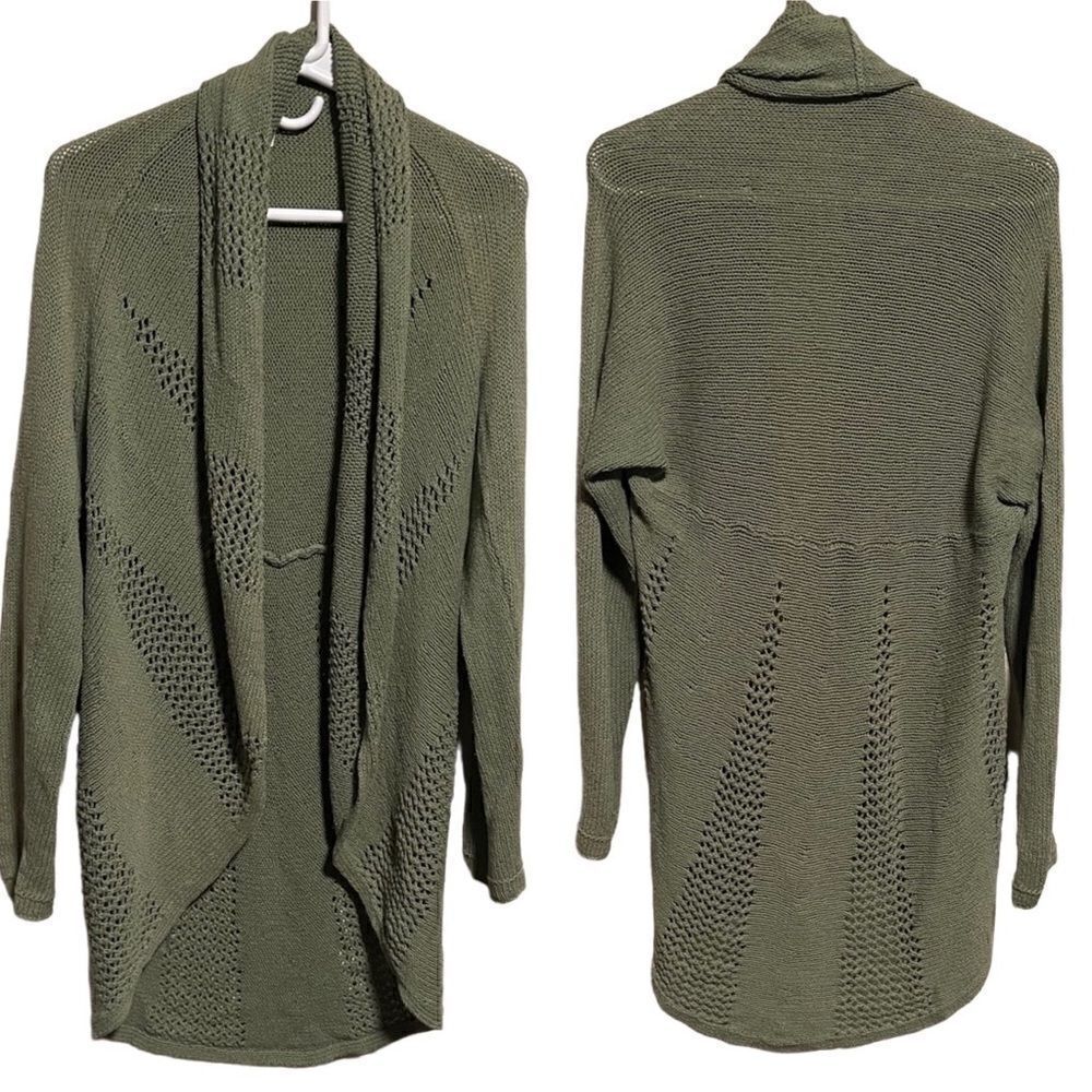 Margaret O'leary- Women’s Green Open Knit Longline Cardigan Sweater, Size Medium